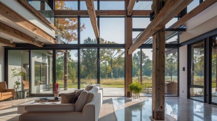 suburban farmhouse with expansive glass windows, blending rustic wooden beams with modern minimalism