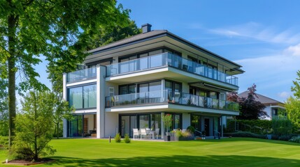 Fototapeta premium two-story suburban farmhouse with modern glass balconies, surrounded by a lush green lawn and mature trees