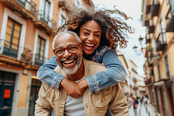 Happy Couple Enjoying City Street Piggyback Ride