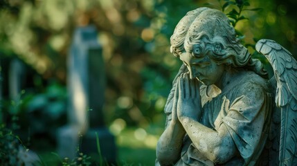 A stone statue of an angel in a cemetery with his head bowed and his hands folded. Perfect for illustrating articles about sadness, remembrance and spiritual reflection.