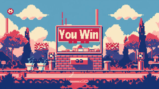 You won the retro video game. The screen shows "You Win" and the background is a level-up scene from an 8-bit video game. It's a vector pixel art illustration.