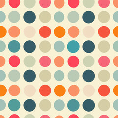 A classic seamless pattern of polka dots in various sizes and colors. Ready to use repeated for textiles, wallpapers, and digital projects, adding a playful touch