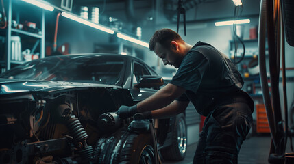 A mechanic repairing a car in a workshop