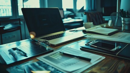 Naklejka premium Laptop mobile phone tablet and documents on a working table in a creative office Concept of successful teamwork and business startup Image with toned effect