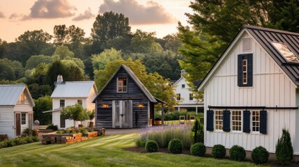 classic farmhouse exterior with a fresh coat of white paint, navy blue shutters, and a series of small, cozy barns used as guest houses