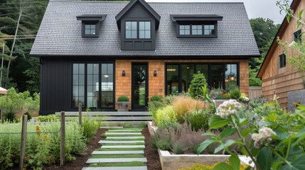 farmhouse renovation with modern black windows, cedar shake siding, and a quaint herb garden leading up to a refurbished barn door