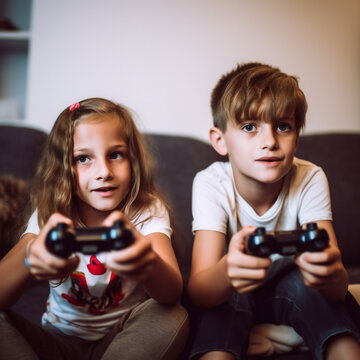 Young Gamers: Boy and Girl Playing with Future Technology Console