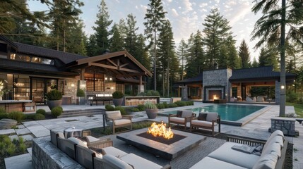 Fototapeta premium luxurious farmhouse with an elaborate outdoor entertainment area, including a pool, fire pit, and outdoor kitchen, set against a forest backdrop