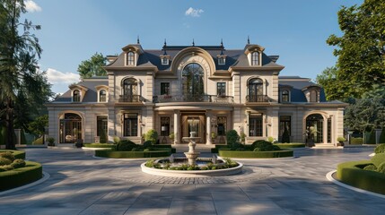 Obraz premium luxurious farmhouse with elegant French doors, a large circular driveway, and an ornamental fountain at the entrance
