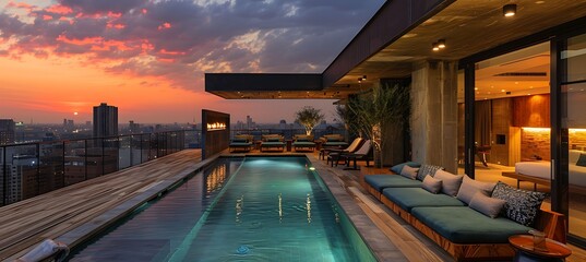 Real estate highlighting contemporary Hotel with luxurious rooms modern amenities and a rooftop pool