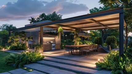 Obraz premium modern farmhouse with an outdoor kitchen and dining area under a pergola, surrounded by a lush garden and soft landscape lighting