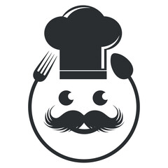 Illustration of a chef's hat with a fork and spoon on a white background.