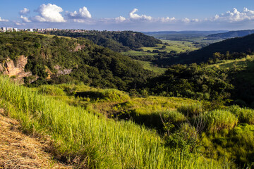 Fototapeta premium Colorful view of sunlit green mountain valley with forest, river, eucalyptus trees and grassland. against mountain range under cloudy sky in Brazil. Wide mountain valley in sunlight.