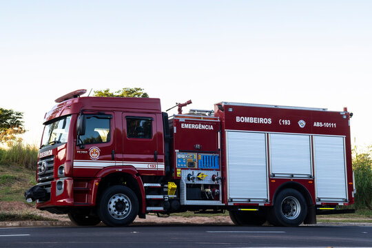 Marilia, Sao Paulo, Brazil. June 10, 2024. Sao Paulo state fire department truck parked on a street in the city of Marilia, SP