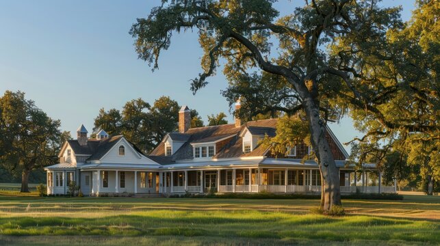 newly built farmhouse with traditional aesthetics, including gabled roofs and a wrap-around porch, set against a backdrop of mature oak trees