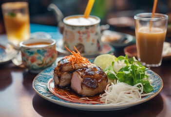 Bun cha with grilled pork and vermicelli on a colorful plate with a glass of Vietnamese iced coffee