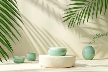Green and white podium with light beige background and ceramic pots, natural shadows