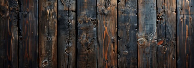 Fototapeta premium Dark Brown Wooden Plank Wall With Charred Edges