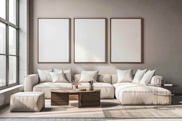 Mockup poster frame on the wall of living room. Luxurious apartment background with contemporary design. Modern interior design. 3D render