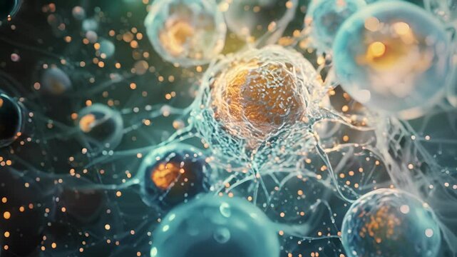 A microscopic closeup of stem cells fusing with a target tissue and releasing growth factors triggering cellular regeneration in the damaged area.