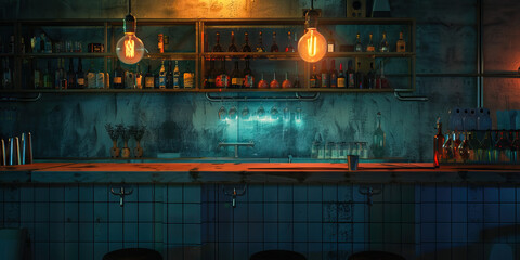 Bleak Reality Check: An empty bar counter, a single flickering light bulb above.