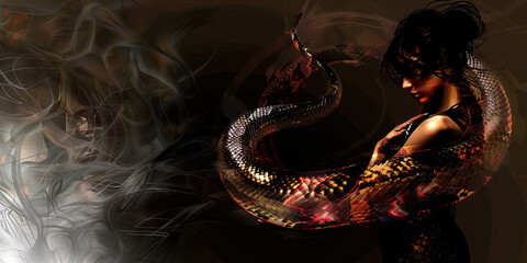 Sinuous Serpent: A sinuous woman, her body twisting seductively, against a dark, moody background.