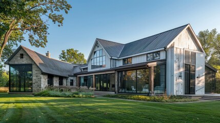 suburban farmhouse featuring a large barn converted into a guest house, with original rustic beams and modern glass additions