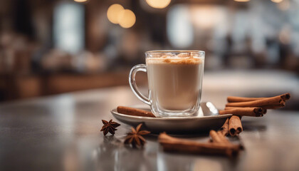 Fototapeta premium Chai latte in a glass mug with cinnamon and cardamom pods in a sophisticated Indian cafe