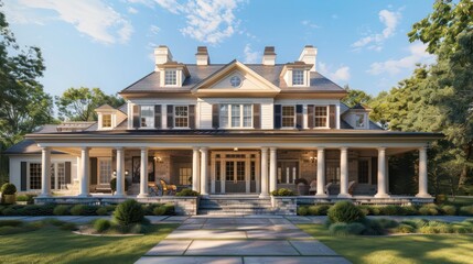 Obraz premium suburban farmhouse with a colonial revival style, featuring symmetric architecture, classical columns, and a grand front porch