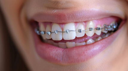 Obraz premium Smile with Braces cheerful undergoing orthodontic treatment for teeth correction