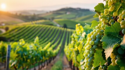 Fototapeta premium This image captures a close-up of ripe grapes growing on the vine in a scenic vineyard, with rows of grapevines and rolling hills fading into the distance.
