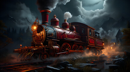 Red polar express train passing through snowy mountains. Mystery train in fog at dusk goes nowhere. Retro steam locomotive travels in night. Concept of mystical journeys, parallel worlds, adventures.