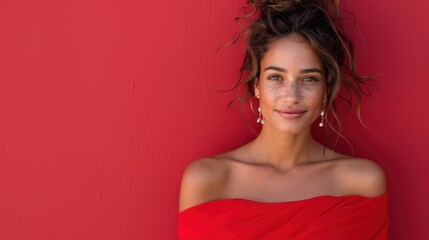Fototapeta premium A beautifully composed image of an elegant woman wearing a strapless red dress posing against a matching red backdrop, epitomizing style and sophistication.