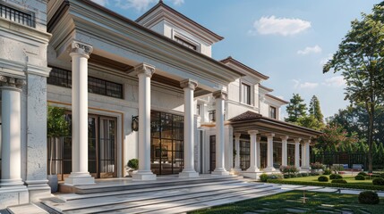 Obraz premium suburban farmhouse with a modern Greek style, combining classical elements with contemporary design, including columns, white plaster, and an open, airy feel