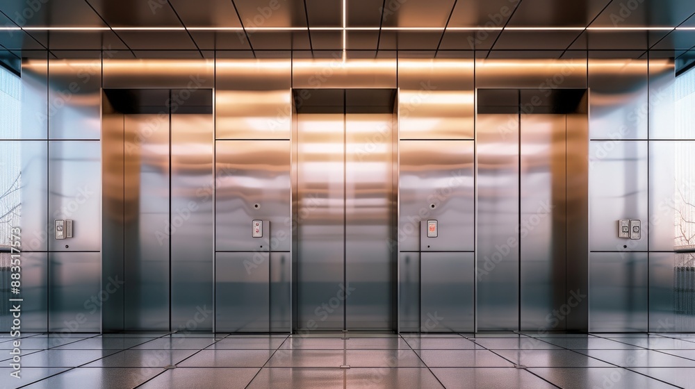 Poster interior of an elevator with two doors and a tiled floor, suitable for use in architectural or inter