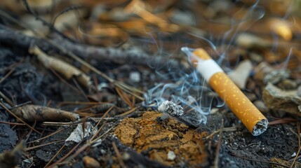 An extinguished cigarette on the dry forest floor. Neglecting the environment, littering the environment