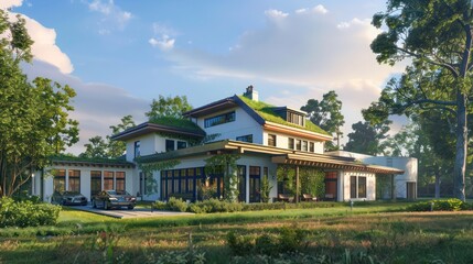 Fototapeta premium suburban farmhouse with a strong focus on sustainability, featuring a green roof, energy-efficient windows, and a rainwater harvesting system
