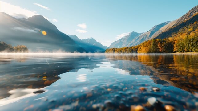 A serene lake scene in autumn with colorful trees and light mist rising from the water, depicting peace and tranquility in a picturesque mountain setting.