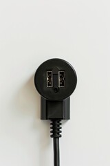 A black power cord plugged into a white wall, simple and straightforward