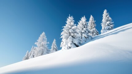 Fototapeta premium A serene winter landscape featuring a cluster of snow-covered evergreen trees arrayed on a gently sloping, sunlit hillside under a clear blue sky.
