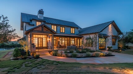 suburban farmhouse with a contemporary Texas ranch theme, combining rustic wood elements, modern furniture, and a spacious design that is perfect for large gatherings