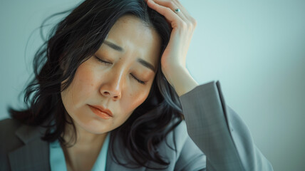 Fototapeta premium 目の疲れを感じる中年の日本人ビジネスウーマン