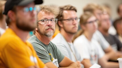 A middle-aged man with glasses is attentively listening in a classroom filled with students. His focused expression indicates an immersive academic environment.