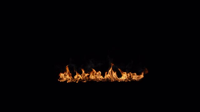 Burning fire line with smoke at some distance, alpha channel for transparent background, seamless loop so it can be any duration, 4k 24p