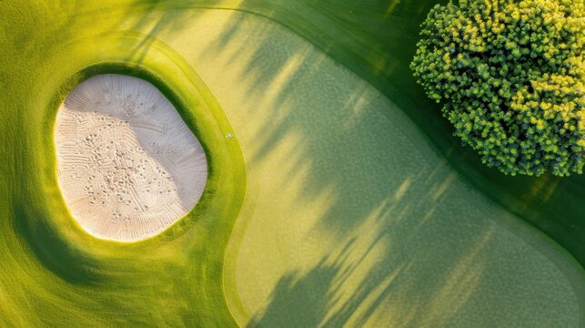 An aerial perspective capturing a golf course with a distinct sand bunker surrounded by green grassy fields, depicting a serene and well-maintained sports environment. - Powered by Adobe