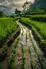 Obraz premium A scenic view of a muddy path surrounded by lush green grass, suitable for travel, adventure or nature-themed projects