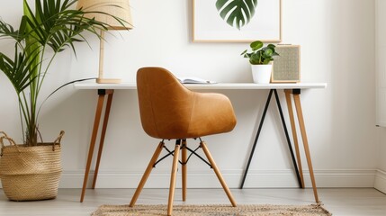 This image displays a minimalistic home office featuring a brown leather chair, a white desk, decorative plants, and a framed picture, perfect for an organized and stylish workspace.