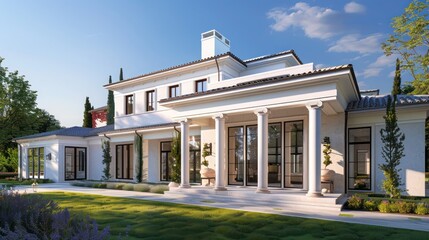 suburban farmhouse with a modern Greek style, combining classical elements with contemporary design, including columns, white plaster, and an open, airy feel