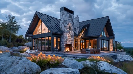 suburban farmhouse with a modern Canadian cabin theme, featuring natural stone exteriors, large fireplaces, and expansive views of the natural landscape