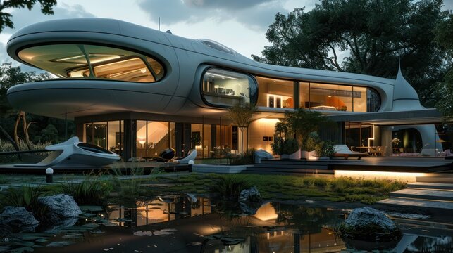 suburban farmhouse with a futuristic space-age theme, incorporating advanced materials, streamlined designs, and a forward-thinking approach to living spaces